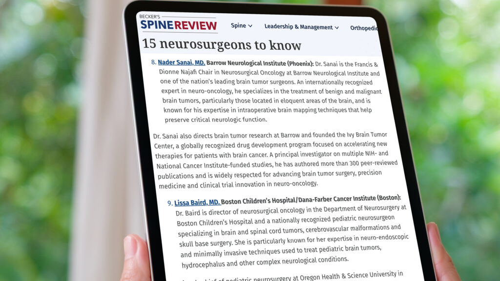 Tablet shows Dr. Sanai on list of "15 Neurosurgeons to Know"