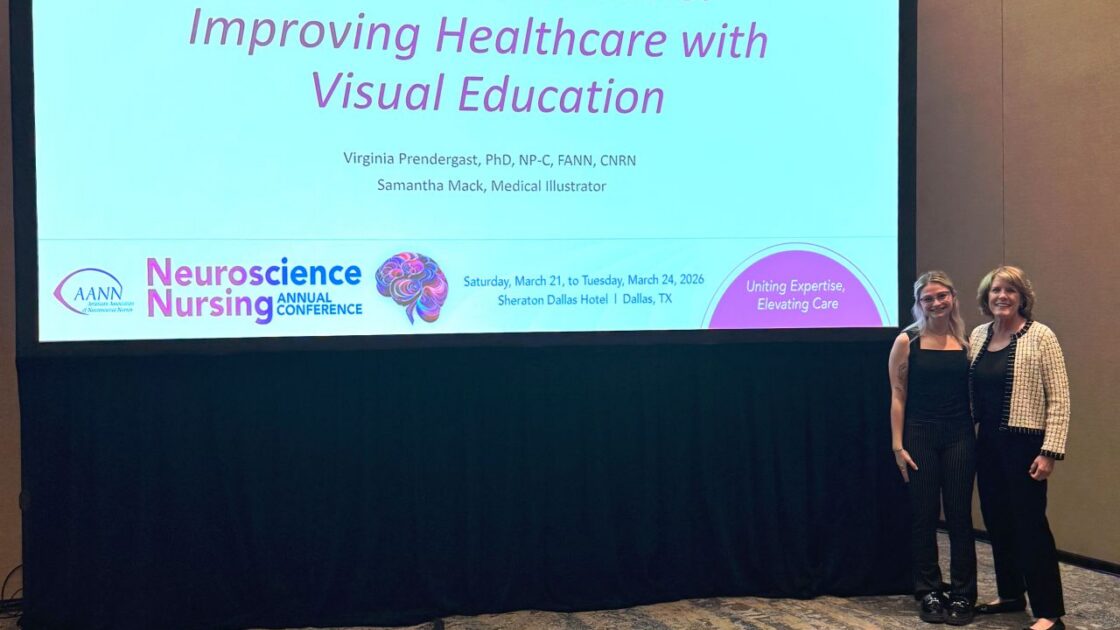 Former Barrowe Intern, Samantha Mack, and Head of Neuroscience Nursing at Barrow post for a photo in front of Mack's Patient Education Presentation.