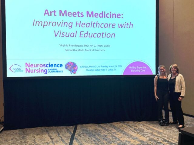 Former Barrowe Intern, Samantha Mack, and Head of Neuroscience Nursing at Barrow post for a photo in front of Mack's Patient Education Presentation.