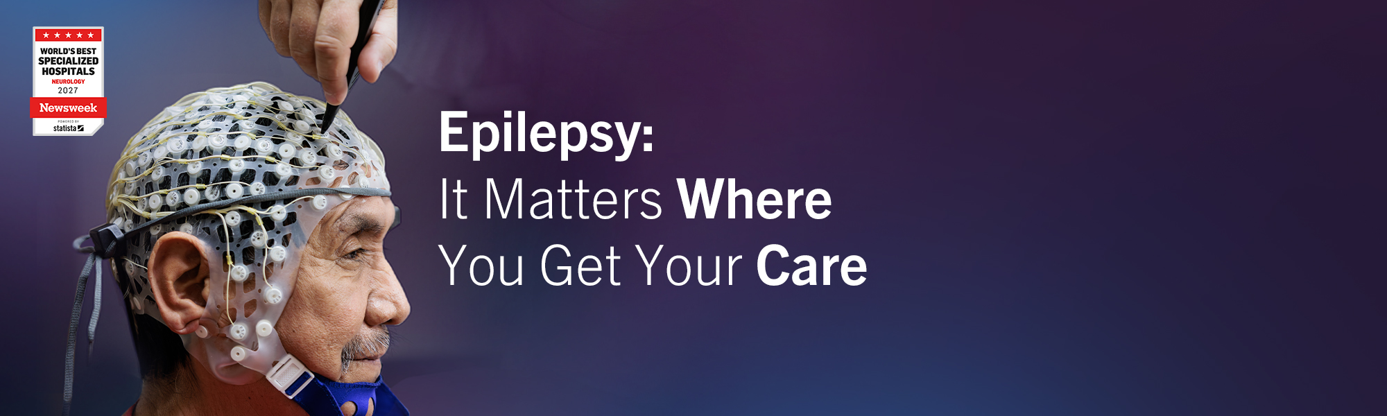 Epilepsy banner showing a man wearing a High Density EEG cap.