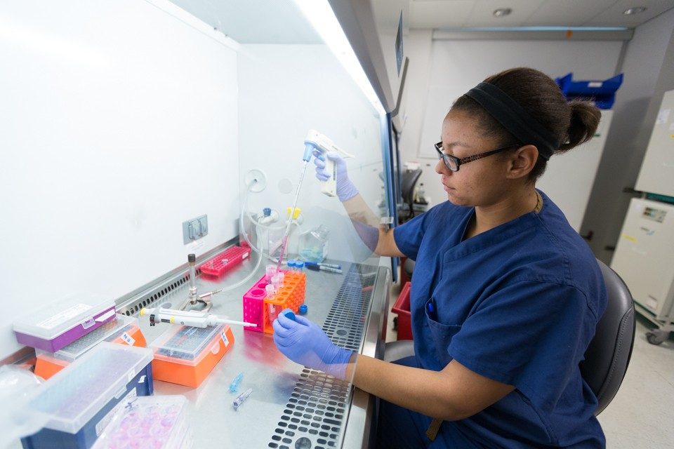 A research assistant works in a Barrow neuroscience laboratory.