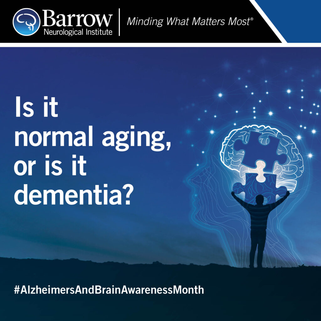 Illustration of a person fitting a puzzle piece into a brain in the sky. Text: Is it normal aging, or is it dementia?