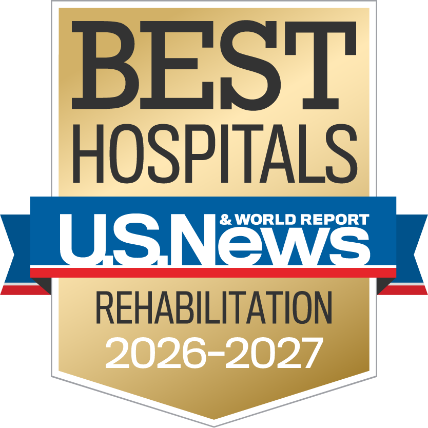 2026-2027 U.S. News and World Report best hospitals for rehabilitation award shield. Click to view rankings.