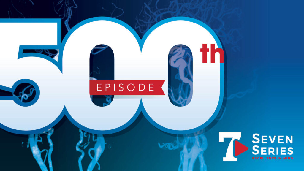 A graphic with the text "500th episode" and the Seven Series logo. The black drop depicts blood vessels. 