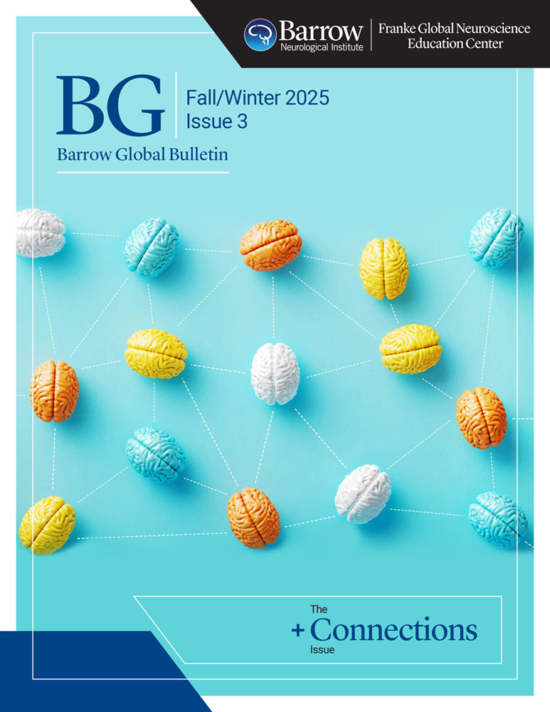 White, blue, orange, and yellow brain models are all connected by dotted lines. Text: Barrow Global Bulletin Fall/Winter 2025 - Issue 3. The Connections Issue.