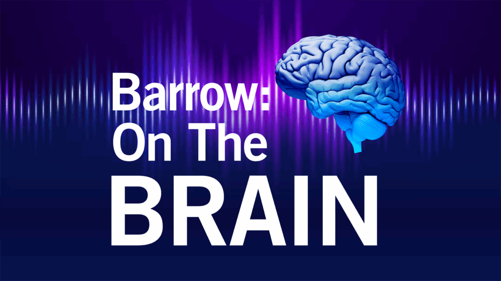Illustration of a brain and sound waves. Text: Barrow on the Brain