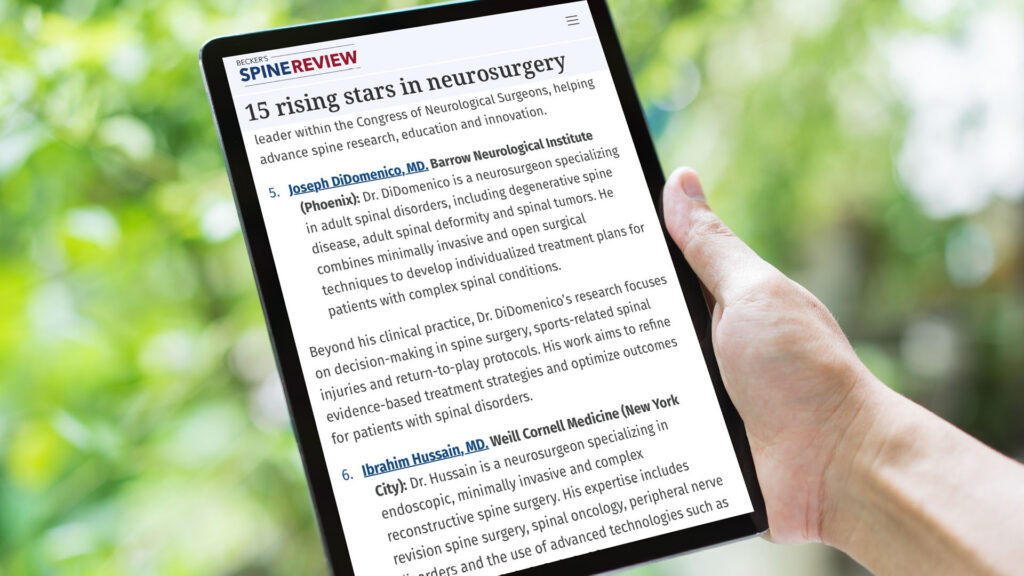 Tablet shows screenshot from '15 Rising Stars in Neurosurgery' article, featuring Dr. Joseph DiDomenico
