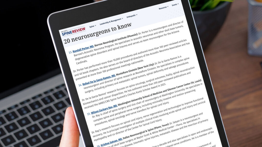 Tablet shows Becker's list of "20 neurosurgeons to know," featuring Dr. Randall Porter of Barrow
