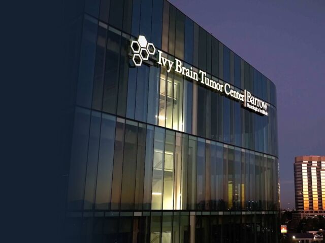 exterior of ivy brain tumor center building at night