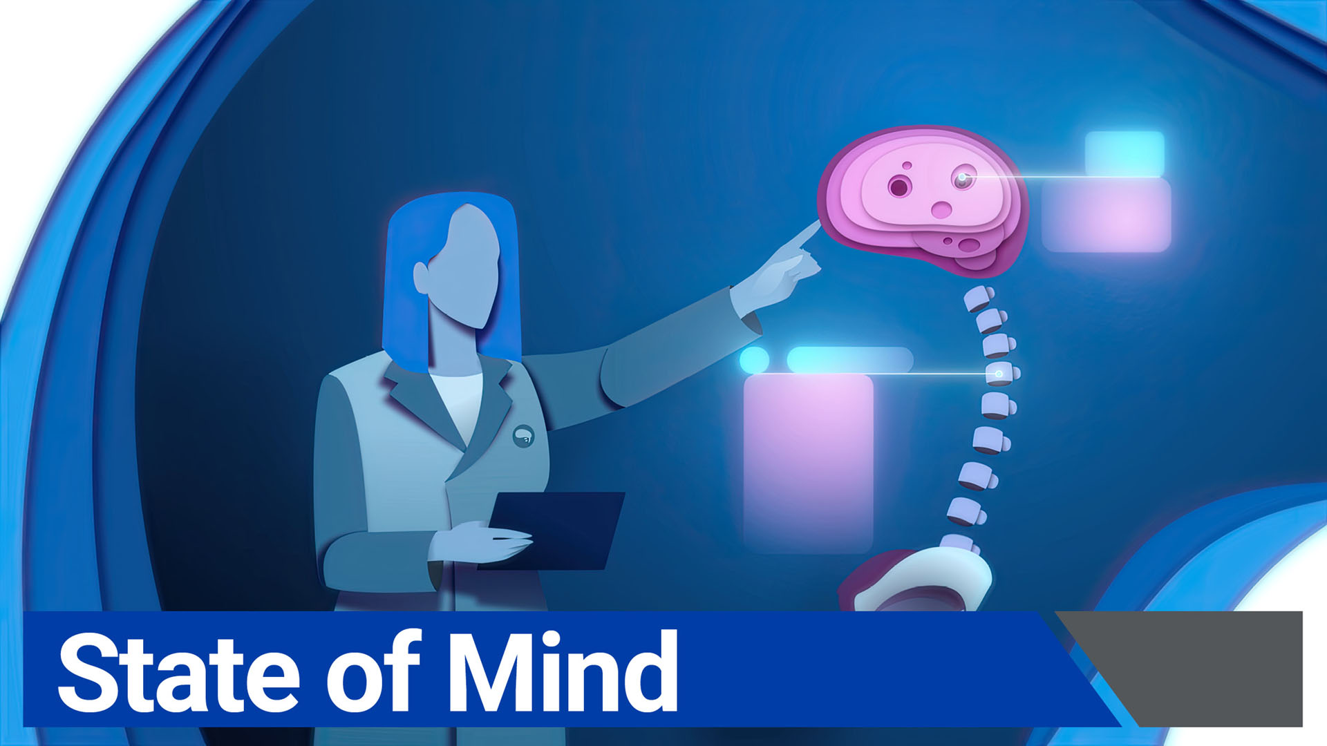 A graphic with an illustrated doctor and brain that says "State of Mind"