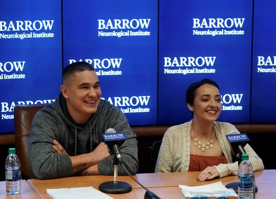 A photo of Barrow patient Jovanna Calzadillas and her husband, Frank, smiling at a press conference