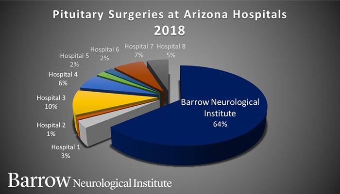 This graph shows that the pituitary center and barrow neurological institute performs more than twice as many pituitary surgeries than all other hospitals in Arizona combined.
