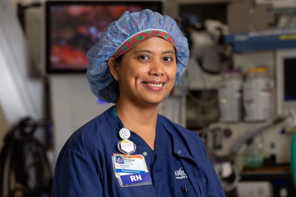 A photo of nurse Remiel Gonda in the operating room at Barrow