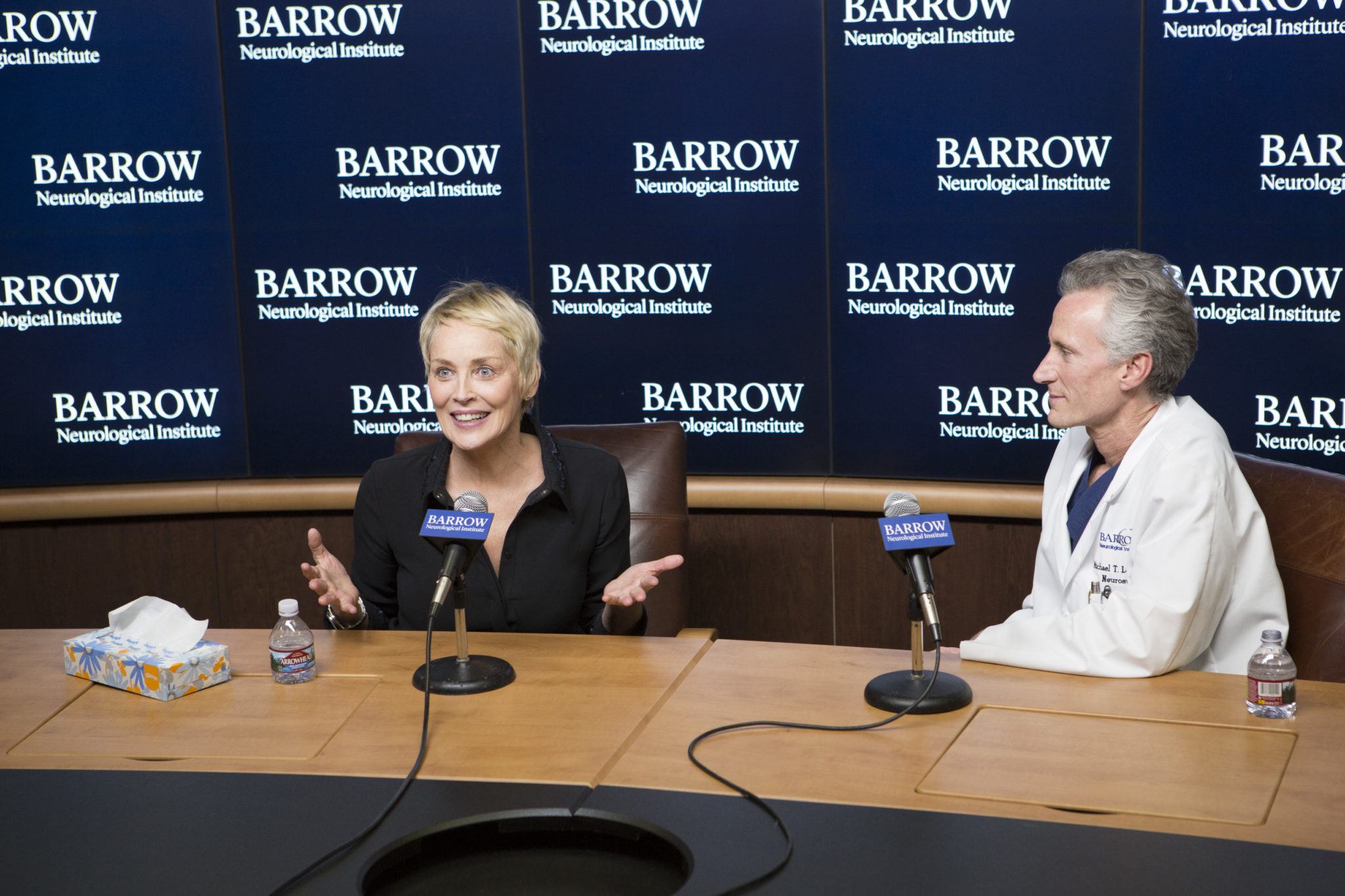 sharon stone at a press conference introducing Dr. Michael Lawton