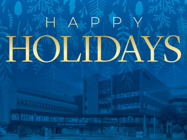 A photo of Barrow Neurological Institute with a winter overlay that says "Happy Holidays"