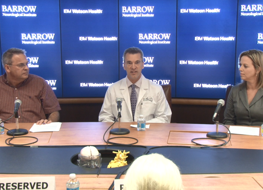 Dr. Robert Bowser and Barrow patient Doug Clough at a press conference
