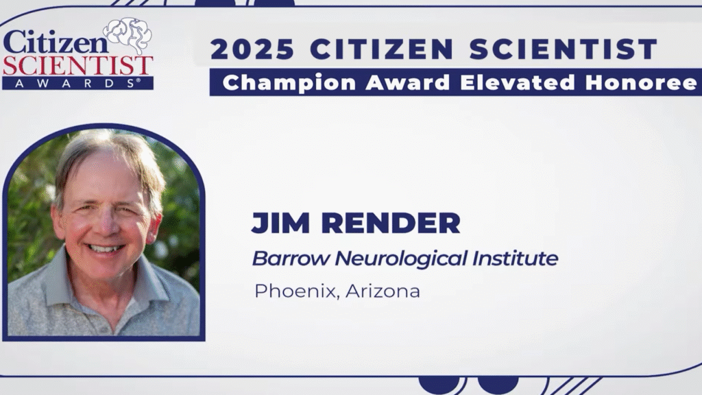 Portrait of Jim Render with info about his award