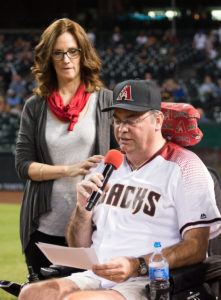 Doug Clough reads Lou Gehrig's farewell speech at an Arizona Diamondbacks game.