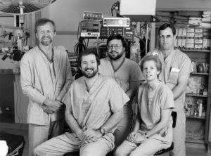 A black and white photo of Dr. Steven Shedd and other neuro-anesthesiologists at Barrow in 1987