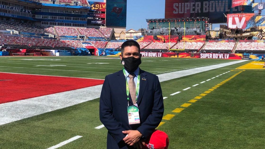 Javier Cardenas on the field at Super Bowl 55